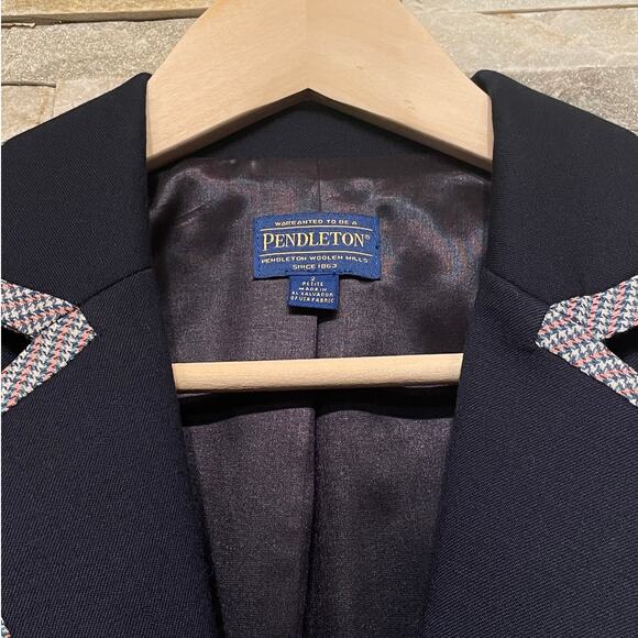 Pendleton 2P Navy Wool Blazer Jacket | Plaid Trim Preppy Old Money Equestrian - Picture 3 of 8